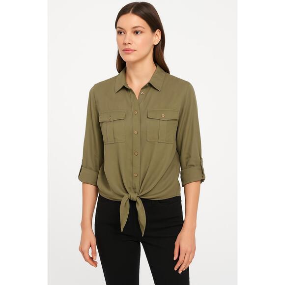 MICHAEL Michael Kors Tops - Michael By Michael Kors Shirt Womens Sz S Olive Green Button Tie Front Utility